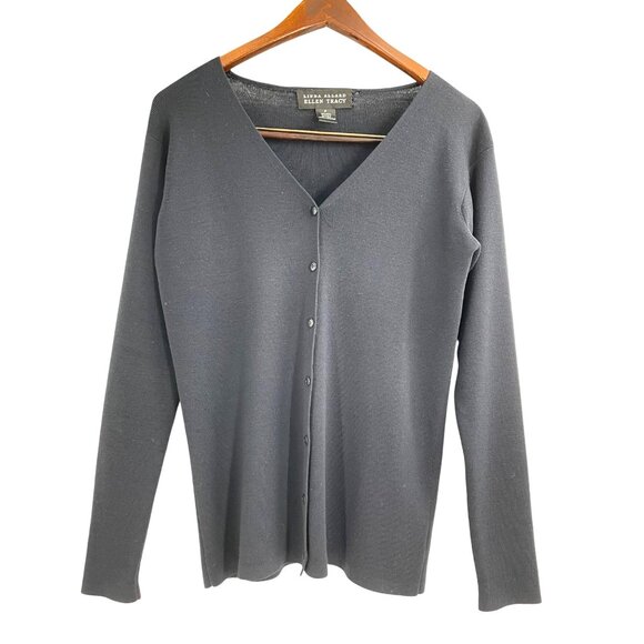 Vintage Linda Allard Ellen Tracy Womens Petite Cardigan Wool Silk Black Neutral - Picture 1 of 7